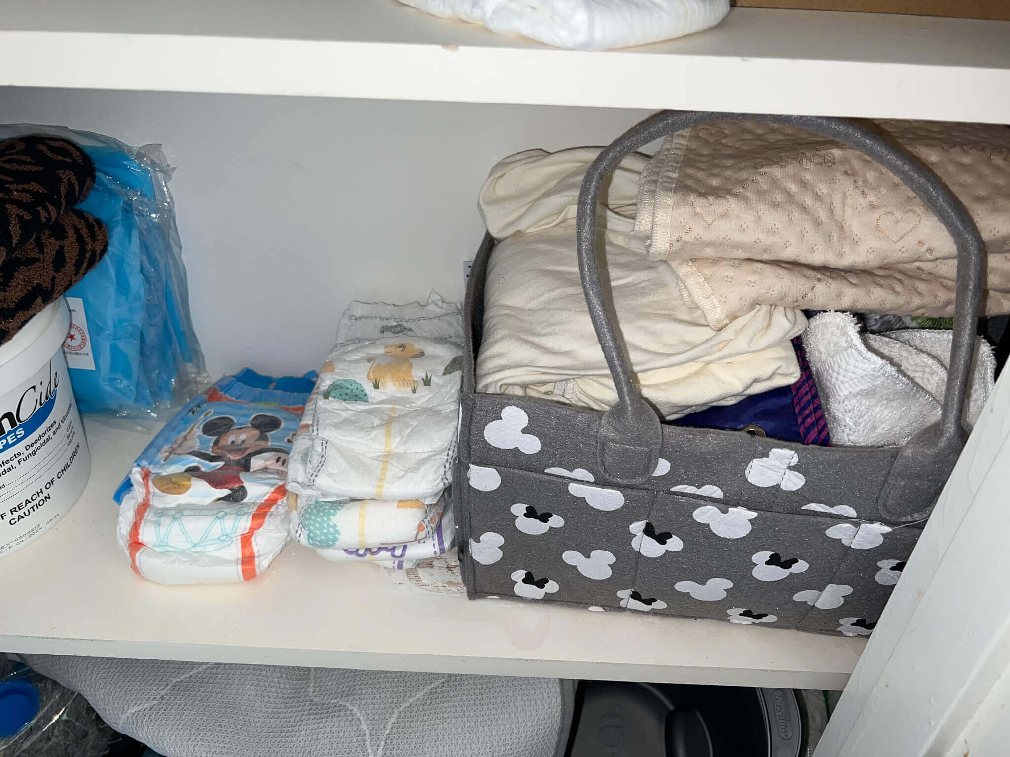 baby diapers in closet storing